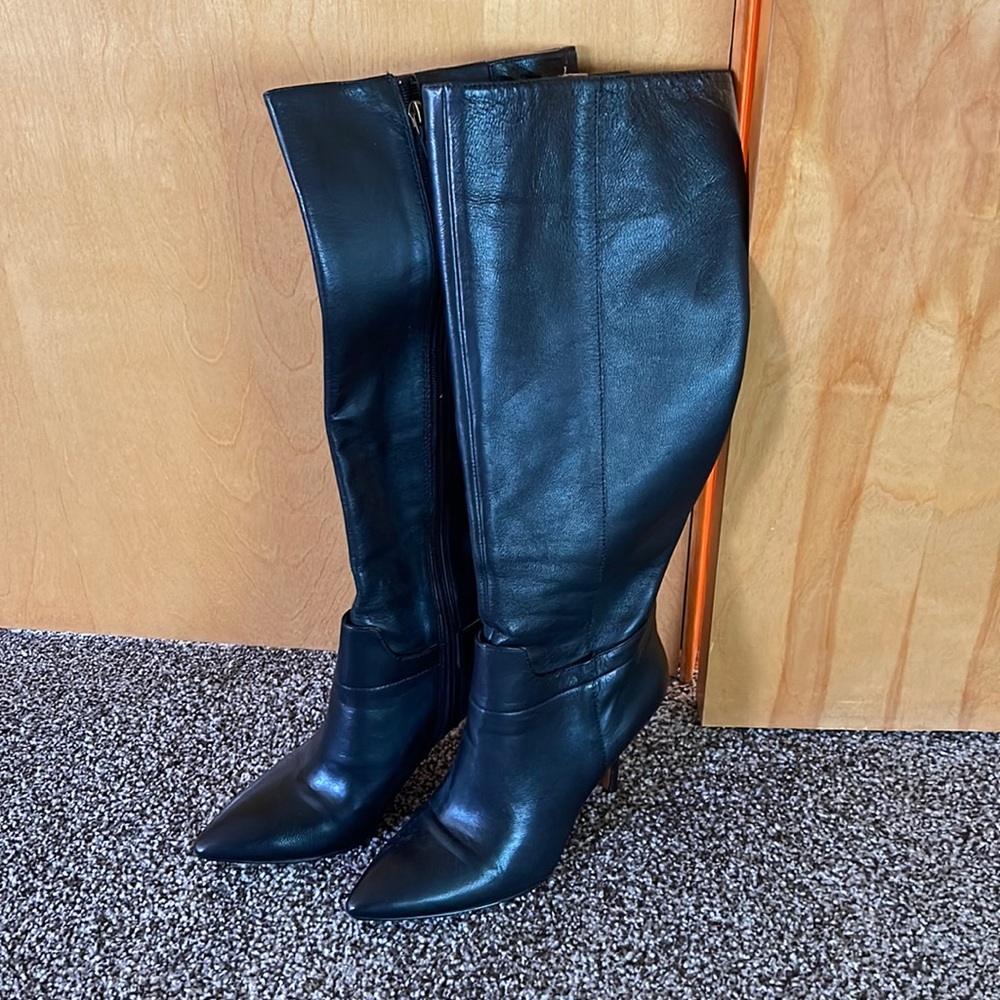 Black leather high heel boots